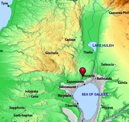 Location of Chorazin, city condemned by Jesus. BibleAtlas.Org.