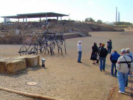 Horses with chariot at hippodrome at Caesarea. Photo by Leon Mauldin.