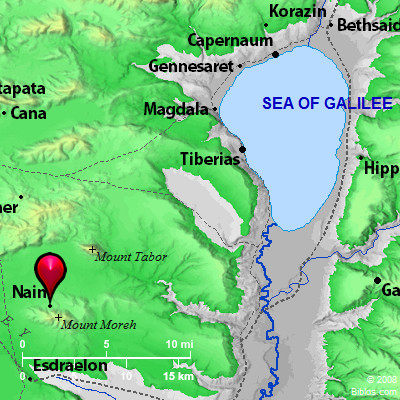 Location of Nain in Galilee. BibleAtlas.org.
