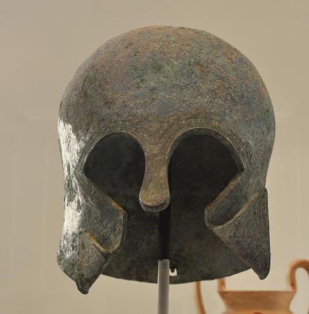 Corinthian Style Helmet. Photo by Leon Mauldin. Metropolitan Museum, NY.