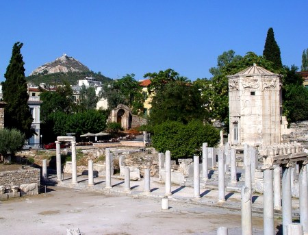 Roman Forum, Tower, and Mt. Lykavittos in Athens, Greece. Photo by Leon Mauldin.