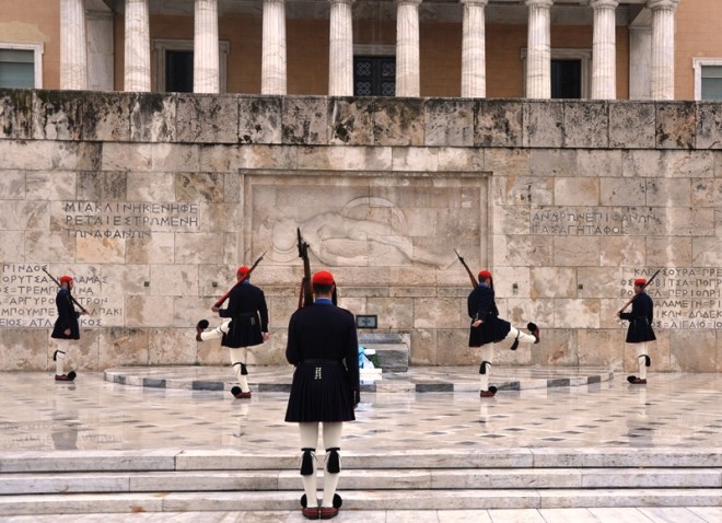 Changing of the Guard at the Royal Palace, Athens, Greece. Photo by Leon Mauldin. 
