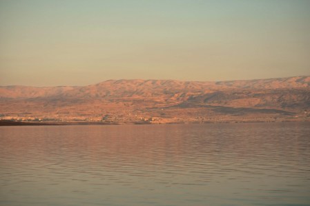 Dead Sea at Sunset. Looking east to the mountains of Moab. Photo by Leon Mauldin.